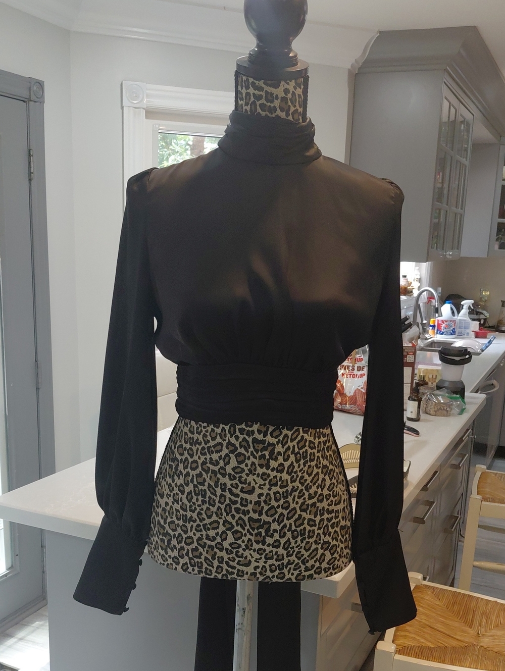 Zara Black Long-Sleeve Mock Neck Blouse with Smocked Waist Satin